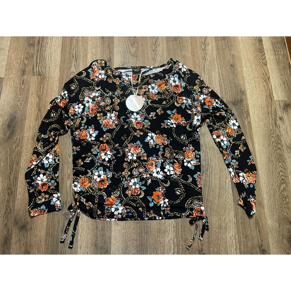 Laila Ali Shirt, Women's Size Small, Black Multicolor, Floral, Long Sleeve